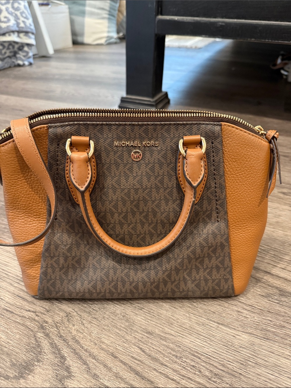 MICHAEL KORS Brown Monogram & Tan Leather Satchel